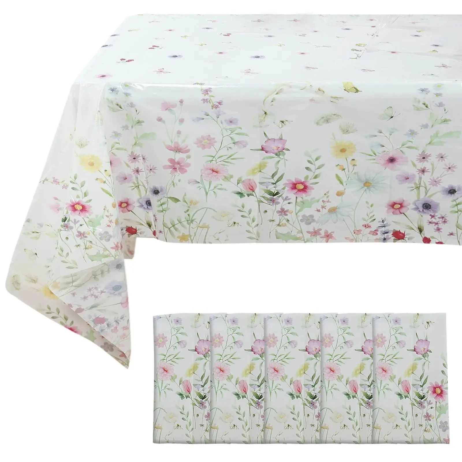 5-Pack PVC Plastic Picnic Table Cover, 54"x108" White/Green Spring Floral Rectangle with Wild Flowers Butterfly Print, Waterproof Disposable Cover for Outdoor Dining, Birthday, Anniversary