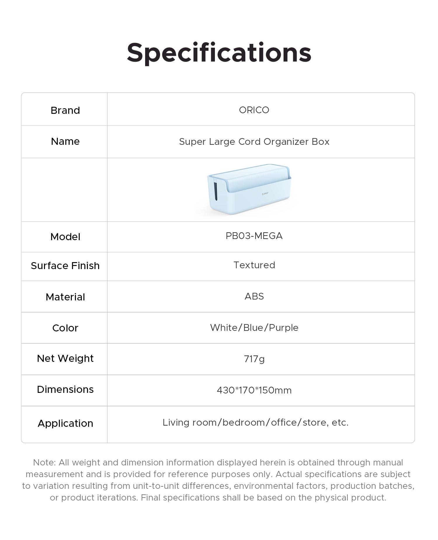 ORICO PowerBox Cable Organizer Box – Minimalist Desktop Cable Management, Safe Power Strip Storage for Home & Office - PB01