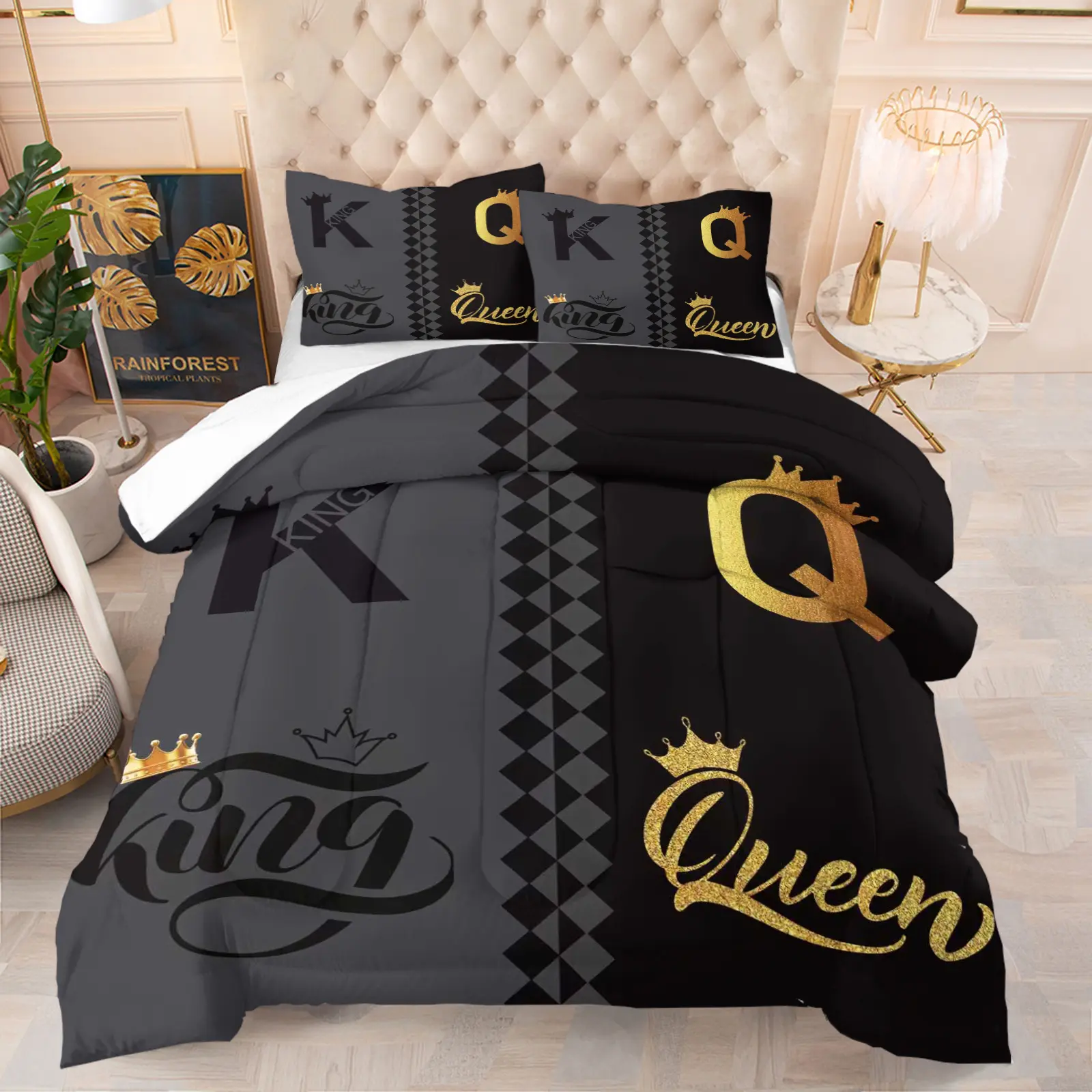 2/3 Piece Romantic Valentine'S Day Themed Bedding Set, Valentine'S Day Gift, King and Queen Crown Prints Married Couple Comforter Set, Suitable for Couples' Bedroom Decoration Set, Soft and Breathable, Including 1 Quilt and 1/2 Pillowcase
