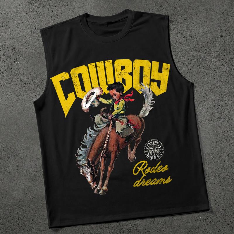 Sopula Studio Men's Cowboy Rodeo Dreams Print Graphic Tank Top Sleeveless Casual Crewneck Workout Tanktop Horse Black