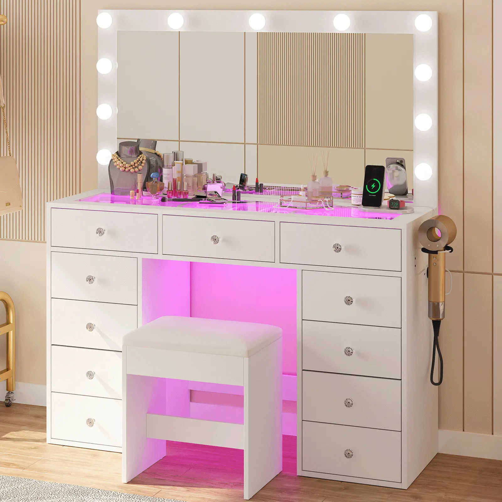 Vanity Desk Makeup Station with Tempered Glass Top Power Outlet 11 Drawers 3 RGB Illuminated Storage 12 LED Lights Dressing Table Bedroom Furniture Vanity Set with Chair Modern Vanity Table for Cosmetics Organization summerwins