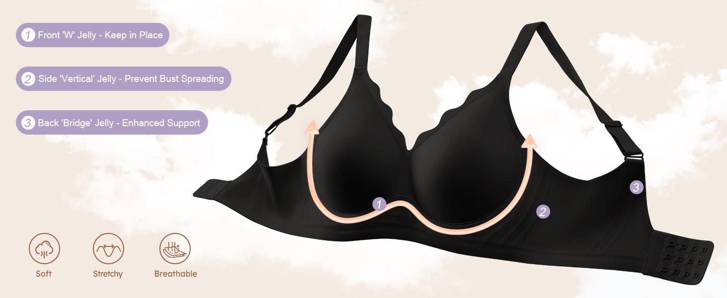 Women's Black jelly bras No Underwire T-Shirt bra Seamless Comfortable Soft Wireless Basic Bridal One Piece Minimalist Everyday Wear with Adjustable Straps Vneck Breathable push up bra