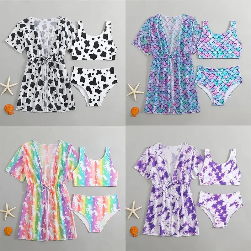 2026 New Arrival Girls Swimwear 3pcs Summer Bikinis Set Mesh Print Girl Swimsuit Split Swimwear for Kids 6-12Y
