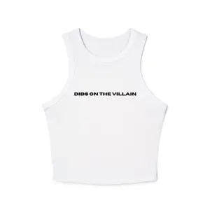 Dibs On The Villain Racer Tank Top | Minimal Text Graphic, White Crop