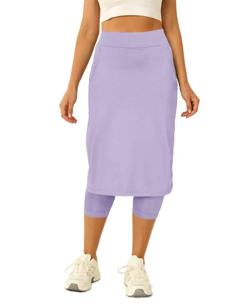 Womens Tennis Skirt with Capris Leggings Golf Knee Length Skorts Athletic Long Skirts for Women with Pockets