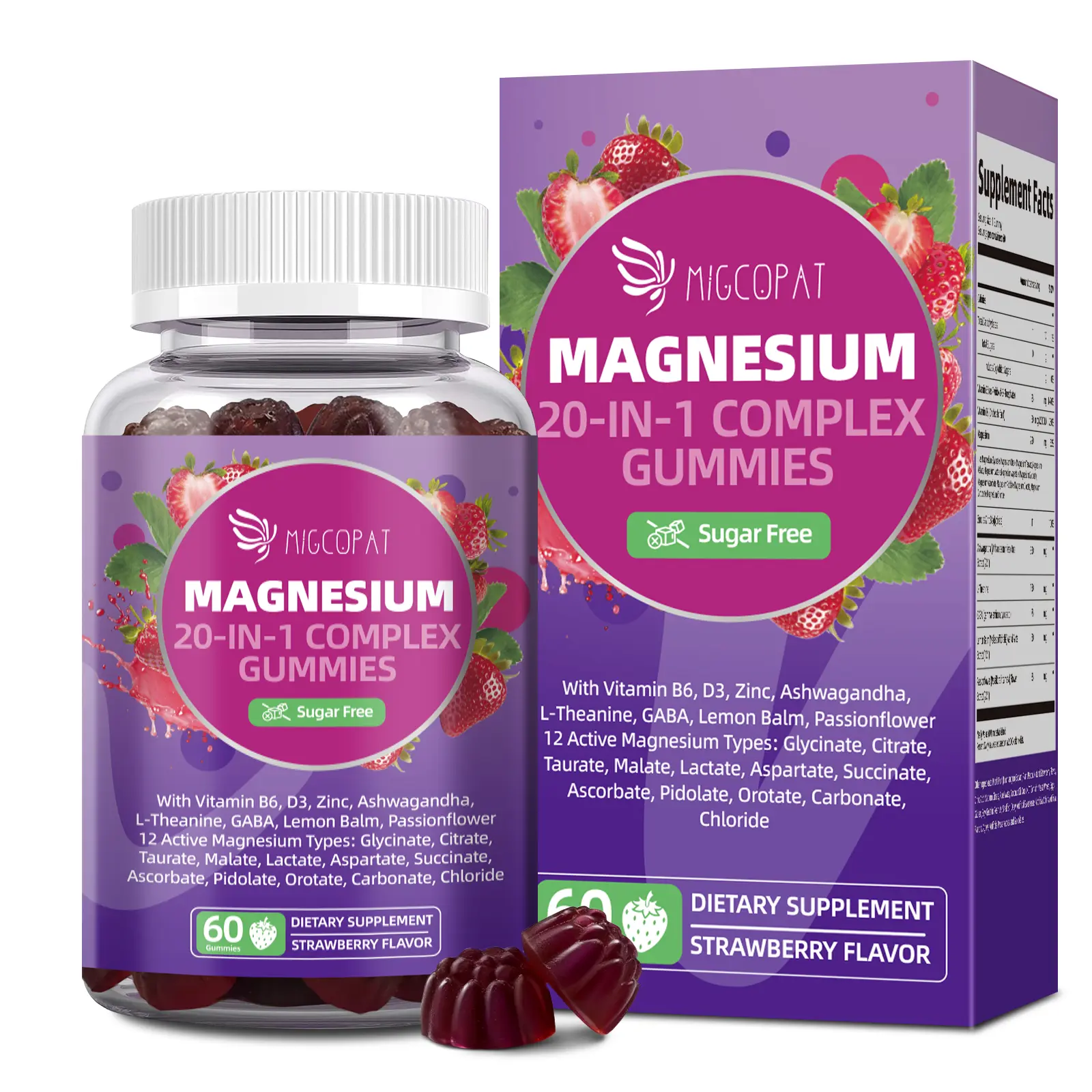Migcopat Magnesium Complex Gummies 20-in-1 with Glycinate Citrate Malate Taurate Ashwagandha L-Theanine D3 Zinc for Relaxation Sleep Muscle Heart Support Strawberry Flavor 60 Cts,#backtoschool