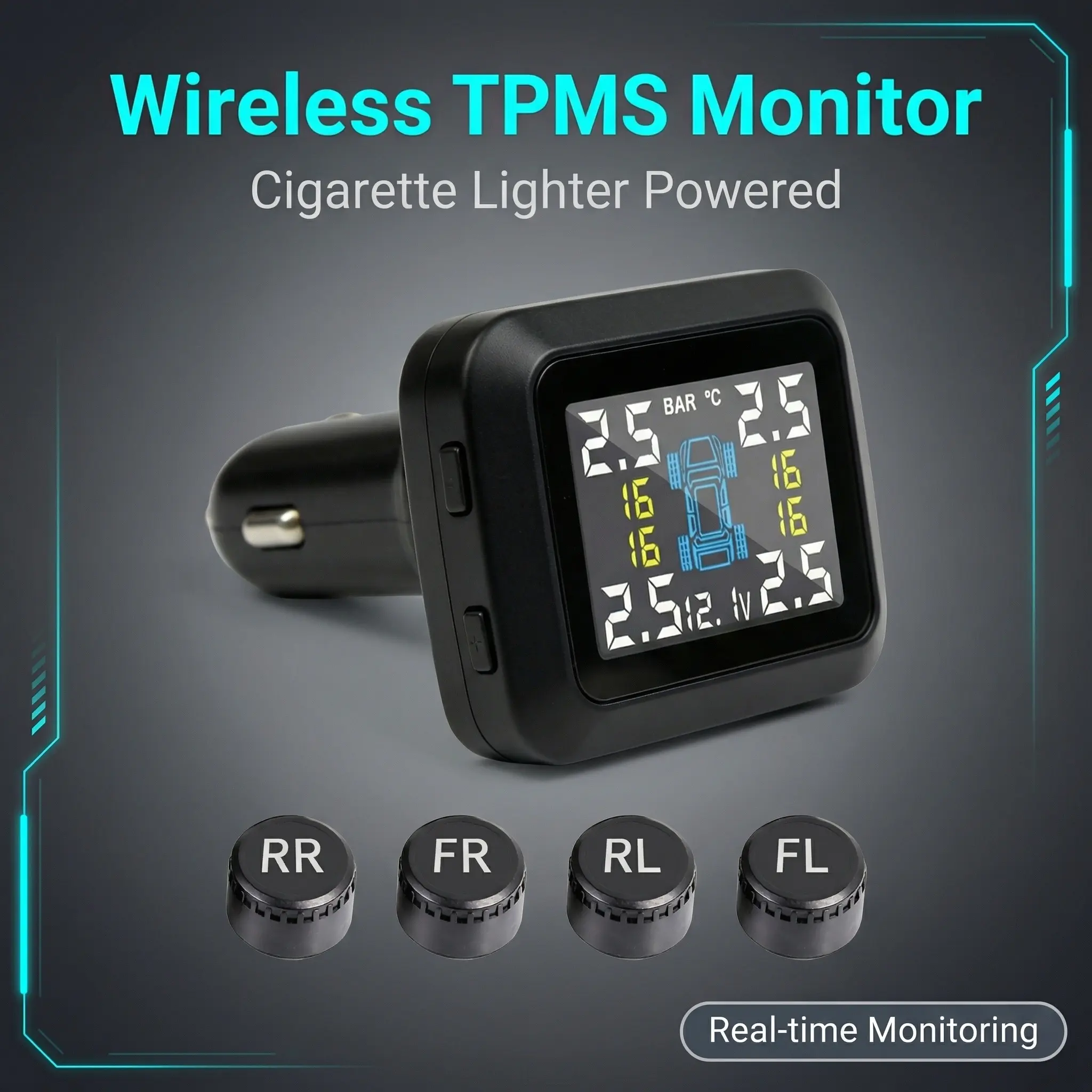 Wireless Tire Pressure Monitor (TPMS) with 4 External Sensors, Plug & Play Cigarette Lighter Power, HD Color Screen, 6-Alarm System, 0-98/144 psi Real-Time Alarm, 50ft Extended Range for Cars, Trucks, Campers