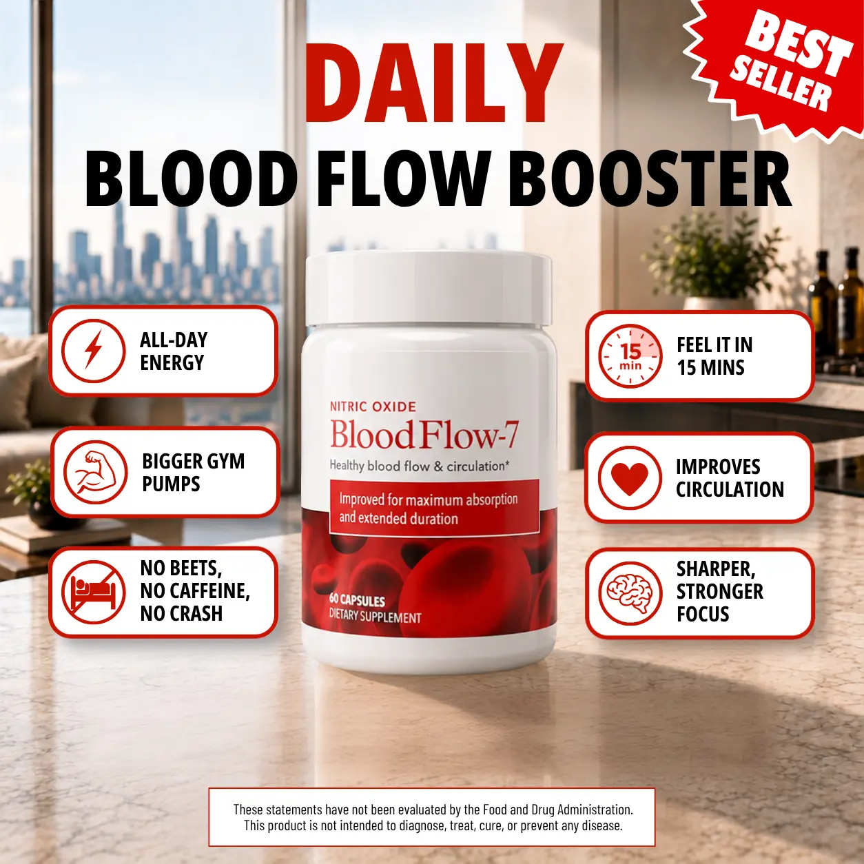 Juvenon BloodFlow-7 Nitric Oxide Booster - Natural Advanced Dietary Supplement for Adults, Selfcare, Circulation Boost, with S7, Nitrosigine, Trans-Resveratrol, Caffeine-Free, 60 Capsules, 30 Servings