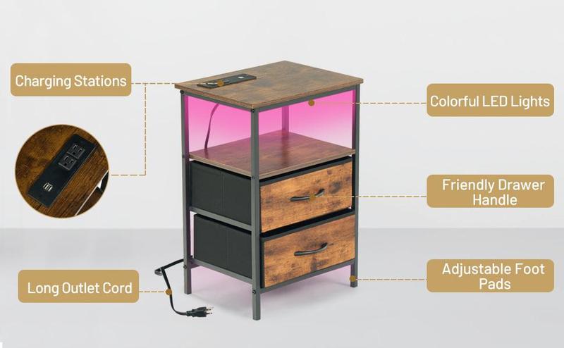 Homy Casa Anby 19" LED Nightstand Smart Side Table with USB Charging 2 Drawers RGB Mood Light Modern Bedroom Accent Table