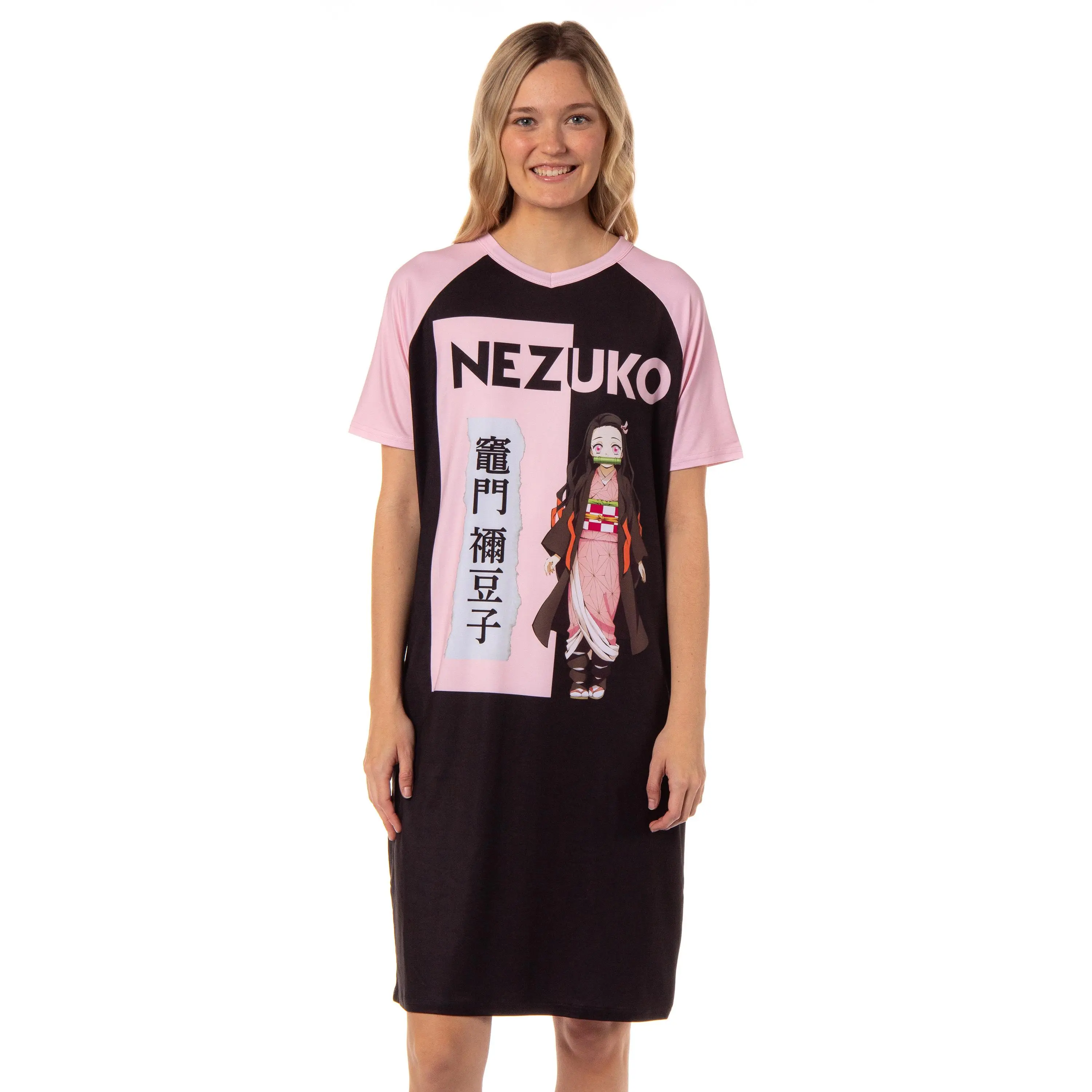 Demon Slayer Women's Nezuko Kamado Anime Character Pajama Sleep Shirt Raglan Nightgown, Spandex, Style