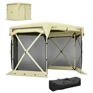 Outsunny Pop Up Gazebo Screen Tent House, 11 x 11ft with UPF30+ Removable Roof Cover, 4 Roll-up Wind Panels and Carry Bag for Camping, Patio, Backyard, Lawn, Beige