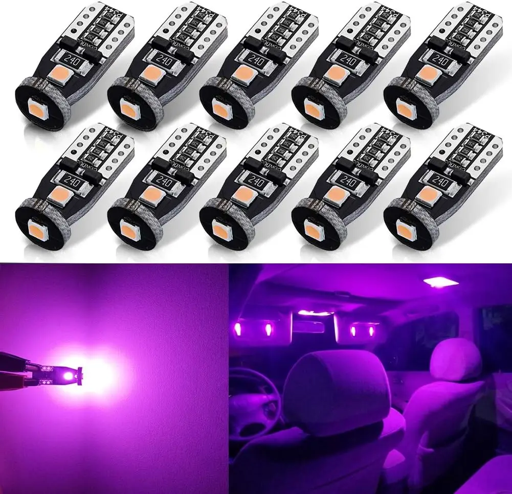 10pcs T10 Series Can-Bus Error-Free Purple Miniature LED Light Bulbs, 1.5W 12V DC 3030 LED Chipsets, 360-Degree Lighting Angle, Plug-and-Play, Compatible with 194 168 175 2825 W5W, Twice the Amount of Light Output for Interior Lighting