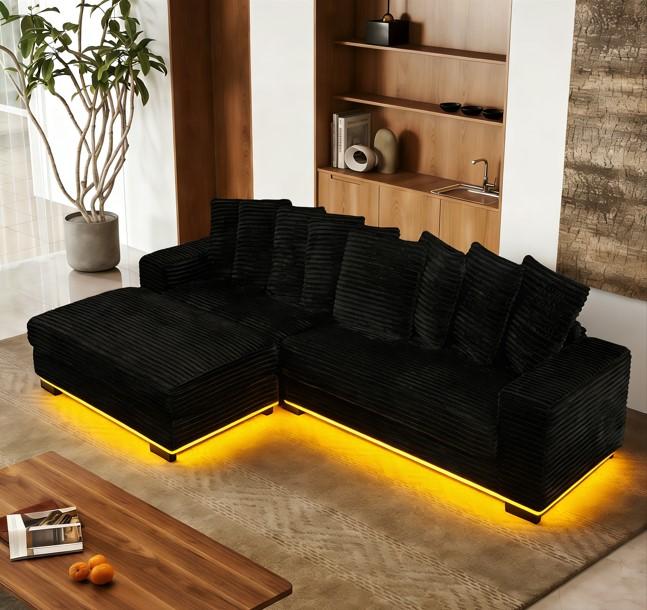 [New Year Special Discount]  Niccae 110" Corduroy Tufted L-Shaped Sleeper Sectional Sofa with LED Base, Adjustable Footrests & 8 Pillows for Small Apartments, Living Rooms & Bedrooms