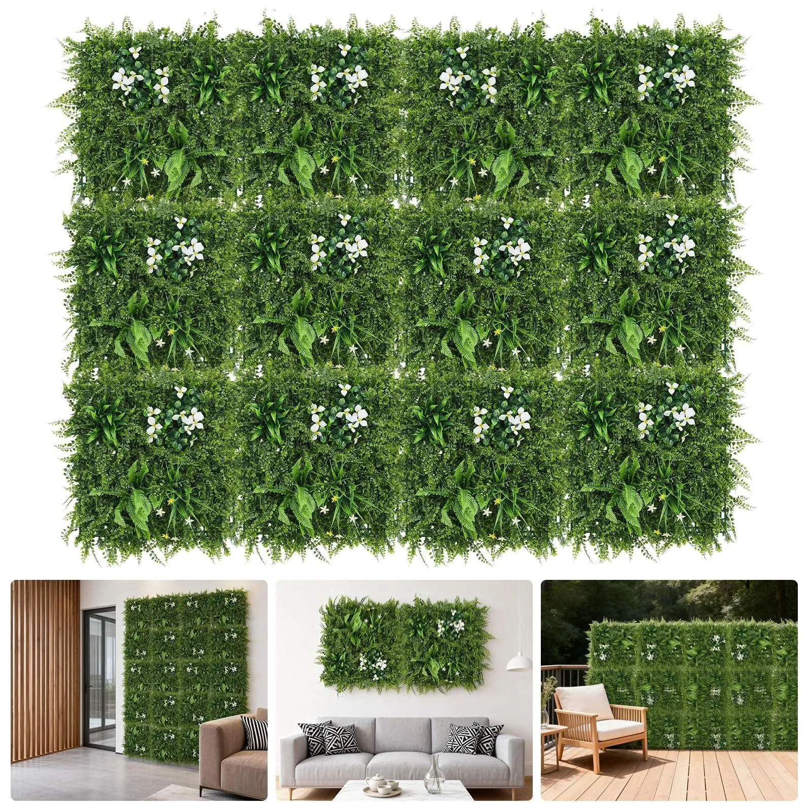 12pcs Artificial moss grid board, garden privacy screen with artificial water grass green leaves, peeled wall decoration, bamboo fence screen, outdoor garden fence screen 50x50cm
