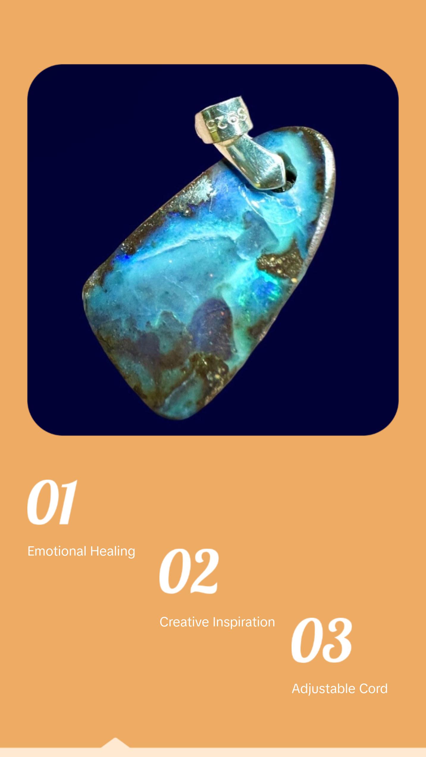 Blue Australian Boulder Opal Pendant Necklace, .925 Sterling Silver. 15ct Unisex Design