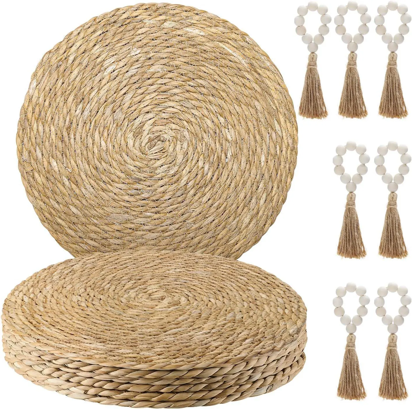 7-piece 13.8inch Bohemian woven placemat set with 7-piece wooden bead tassel napkin ring, Bohemian dining table accessory, used for home decoration, wedding banquets, birthday parties, and various holiday table decoration