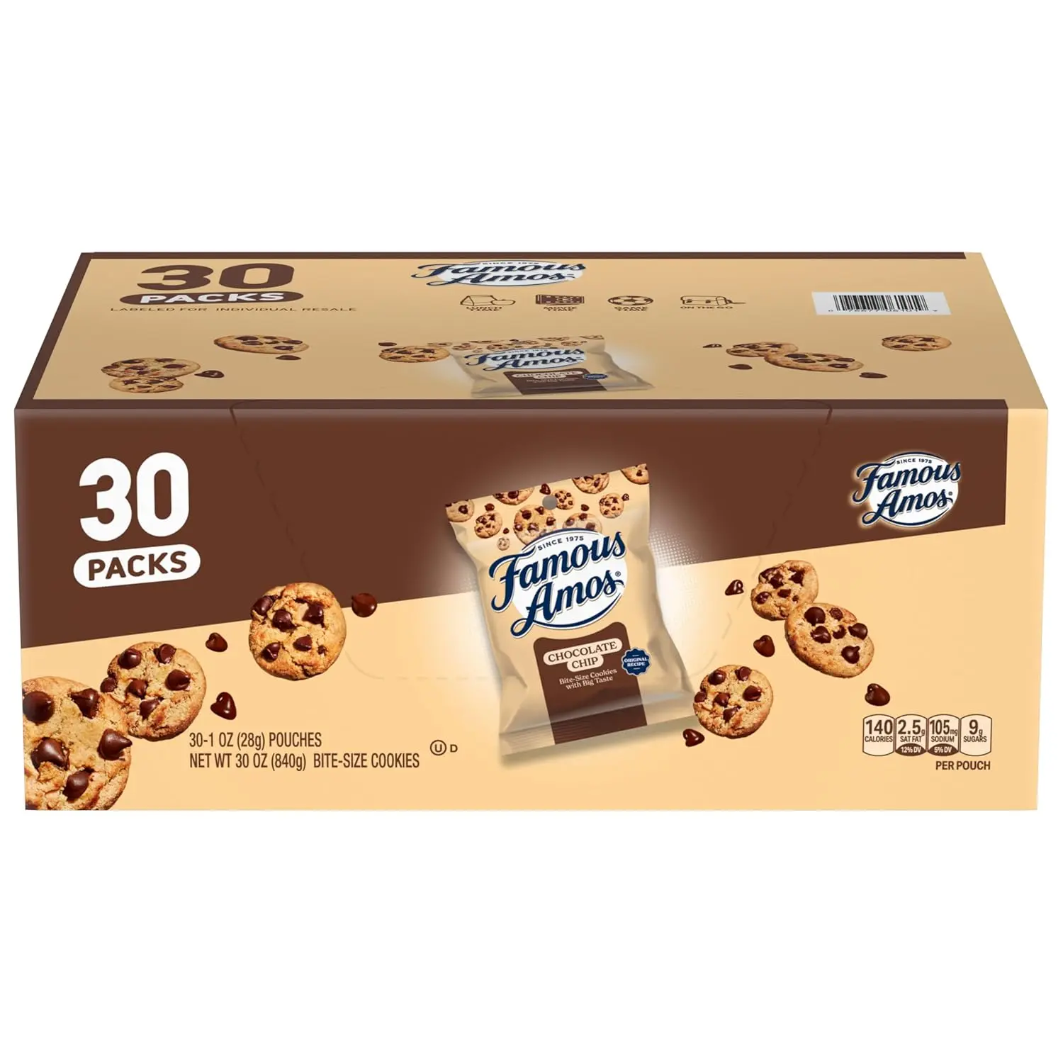 Famous Amos Original Recipe Semi-Sweet Chocolate Chip Bite-Size Cookies, 30-Pack Individually Wrapped Travel Cookie Party Pack Snack Boxes, 30 oz Natural Sweet Treats with Blackstrap Molasses