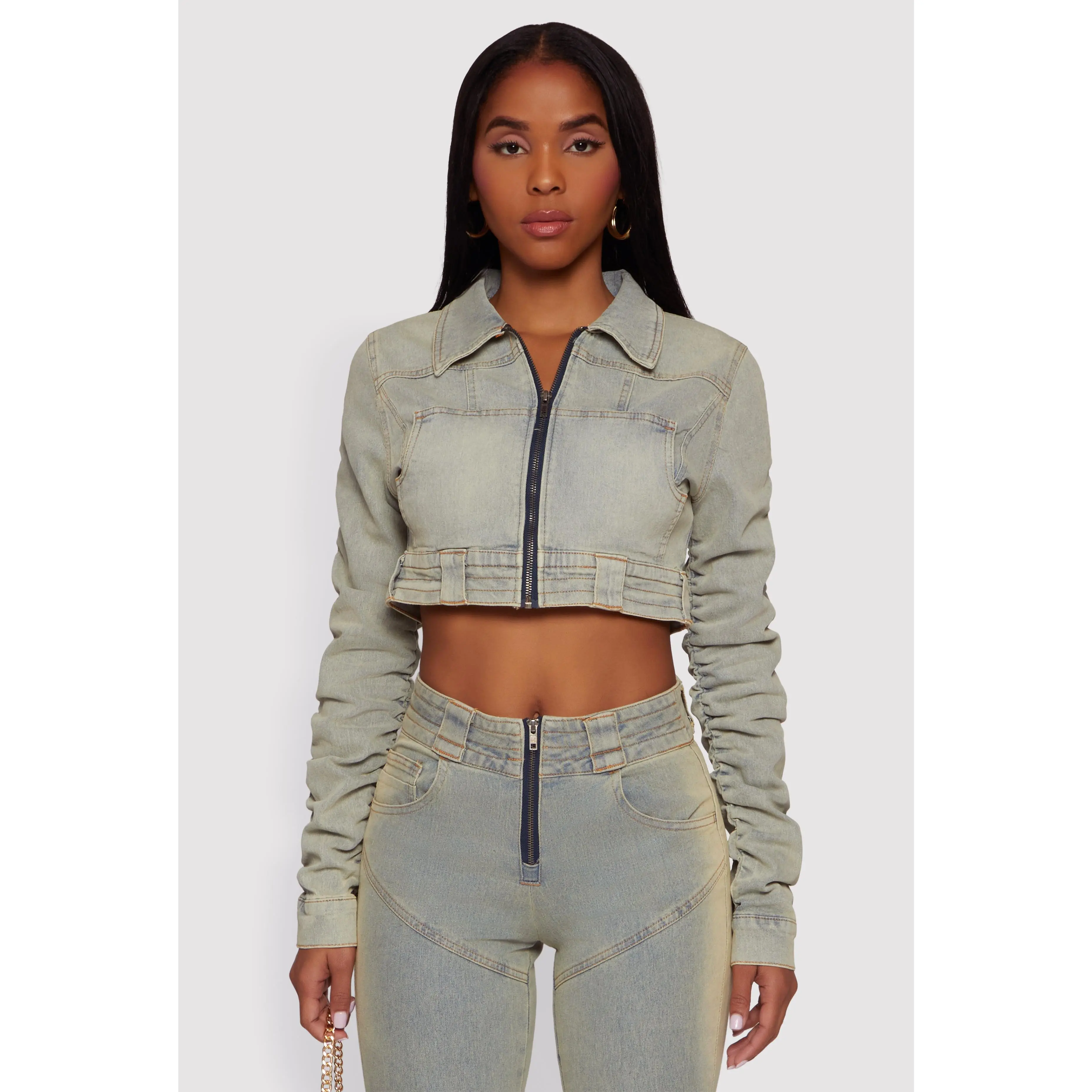 Acid Wash Cropped Zip Front Jean Jacket