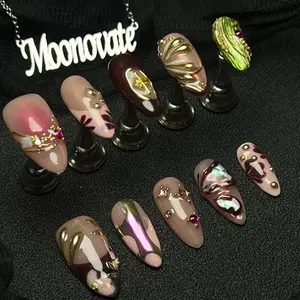 Moonovate | AURORA WINGS 10pcs Handmade Press On Nails Almond Nails REUSABLE 3D Gel Fake Nails Acrylic Press On Nails											