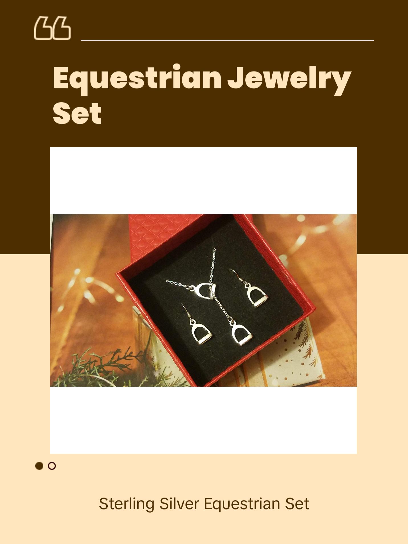 Set of Double Stirrup Horse Lariat Necklace and Stirrup Earrings Equestrian Jewelry #G318