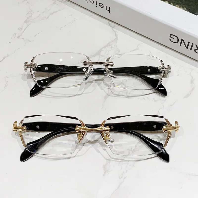 Unisex Vintage Thick Black Acetate Non-Prescription Glasses - Cross Metal Temple Metal Accents, Computer Anti-Fatigue Blue Light Blocking Eyewear