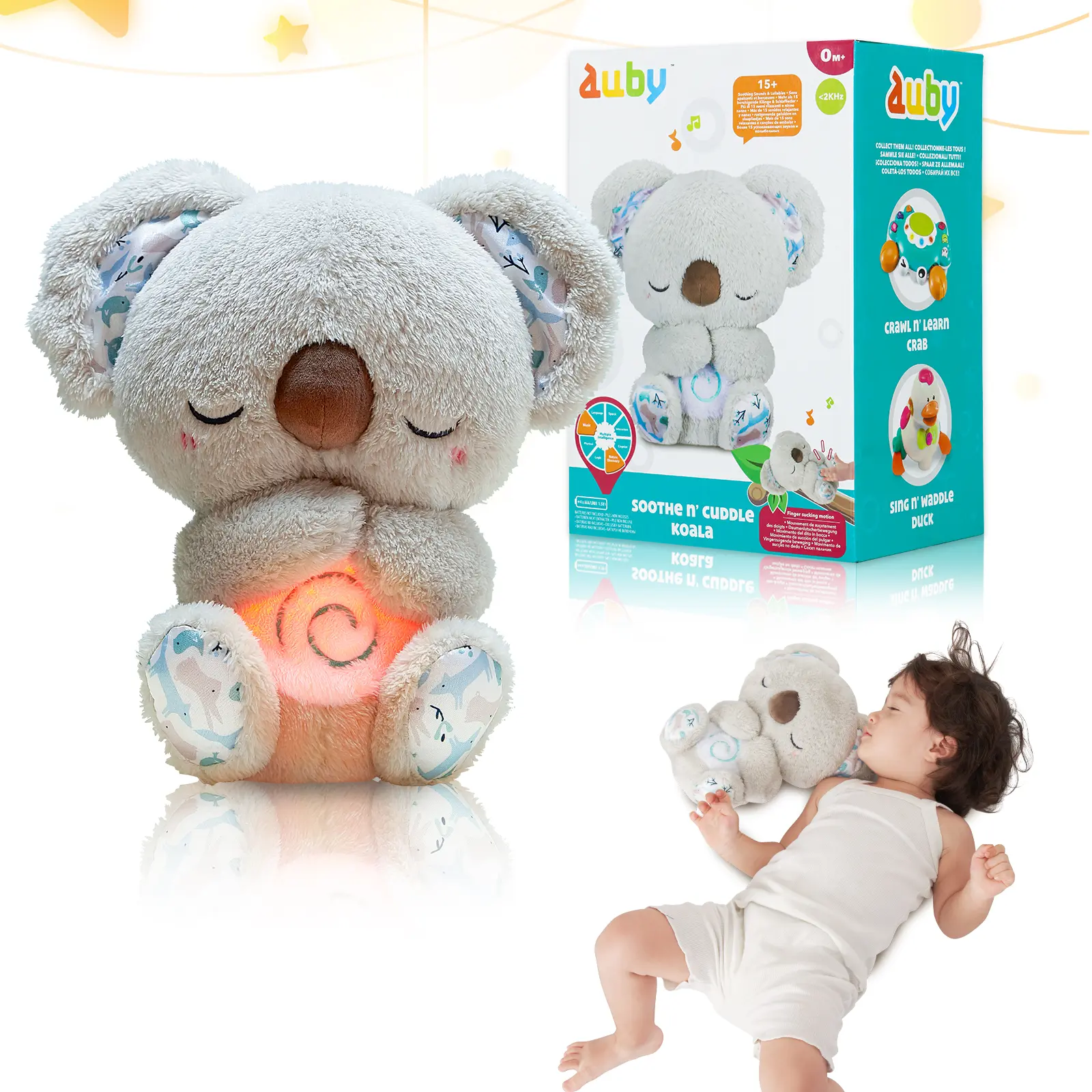 ALPHAGROUP Auby Soothe 'n' Cuddle Koala - Plush Toy with 10 Lullabies, Soft Lights & Rhythmic Breathing Motion - Perfect Gift for Newborns & Infants, Cranberry