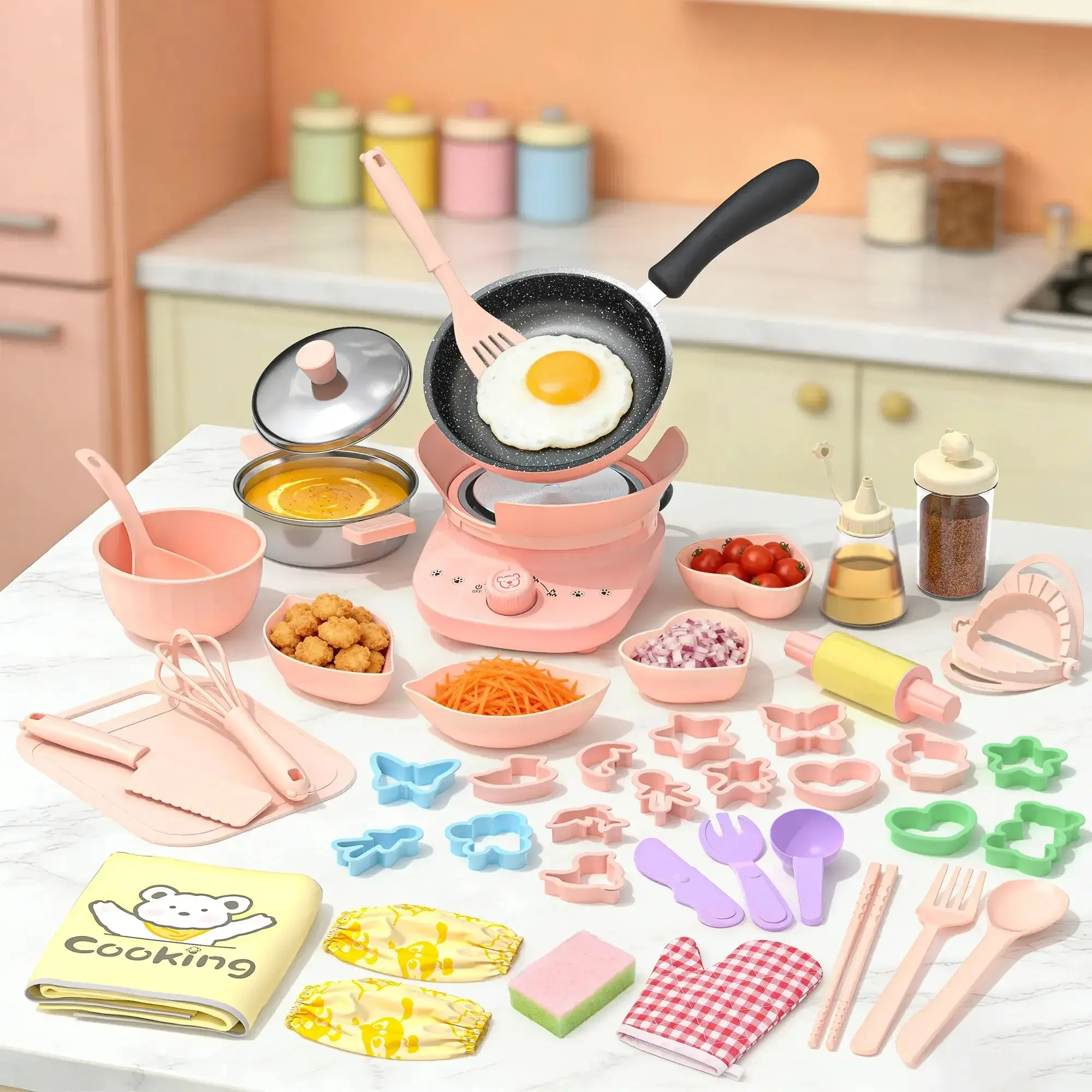 Stainless Steel Mini Kid Cuisine Pretend Play Kitchen Toy Set with Working Stove, Educational Toddler Toys, Boy Gifts & Little Gifts for Girls, Indoor Birthday Present, Girl, Cute Kitchen