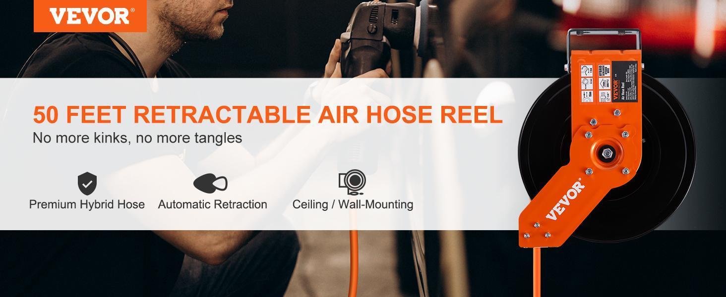 【Back to School】VEVOR Retractable Auto Rewind Air Hose Reel, 100 FT Kink-Free Hybrid Hose (300 PSI), 5 FT Lead-In, Ceiling/Wall Mount Heavy-Duty Single Arm Steel Reel with Double Stopper & Mount Included