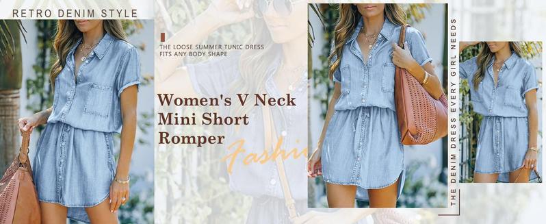Imily Bela Women Denim Dress Summer Jean Shirt Dress Short Sleeve Button Down Tie Waist Casual Short Dress