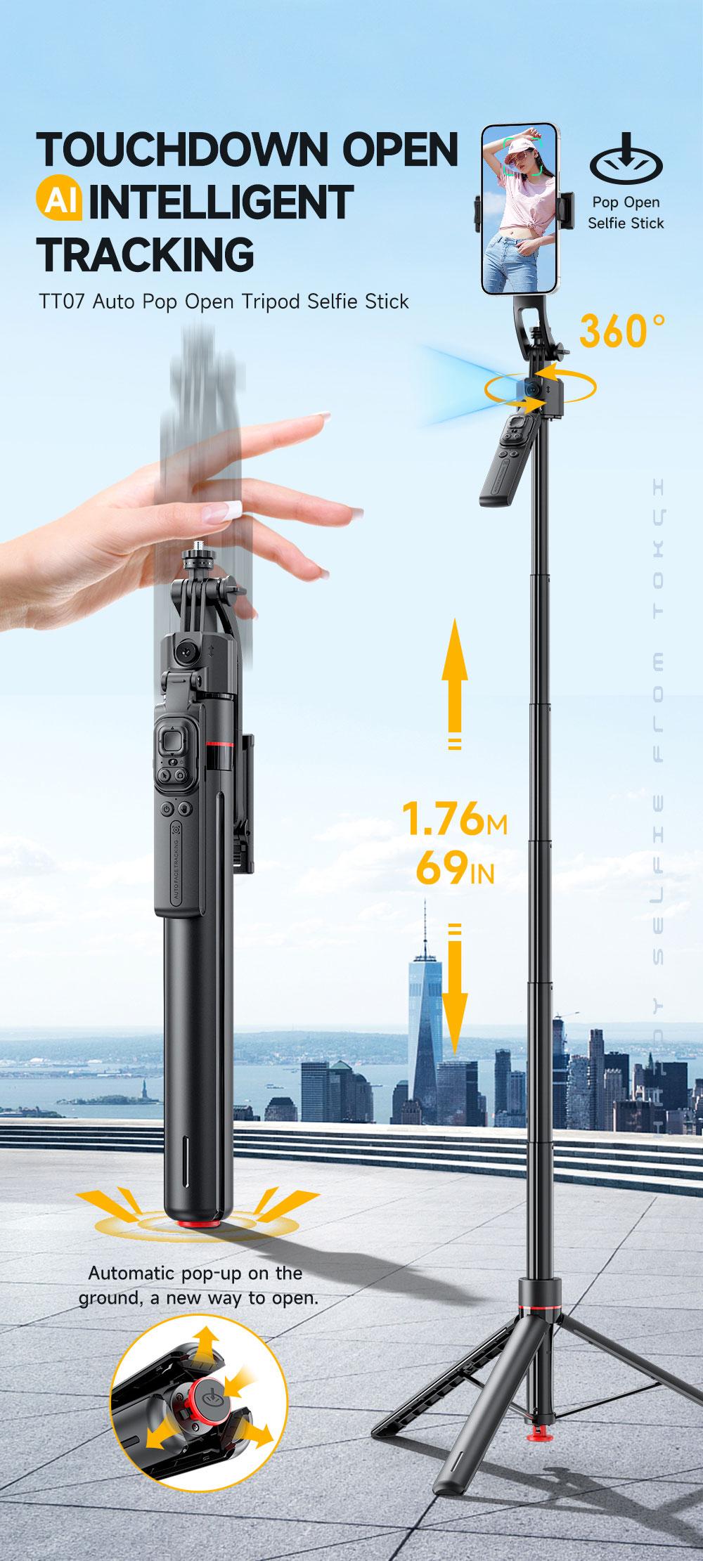 Auto Face Selfie Stick 360° Rotatable Tripod for iPhone One Click Pop Up Gesture Control Handheld Stabilizer Detachable Phone Holder Multifunctional Remote Control 68.9 inches Smartphone Camera Accessories