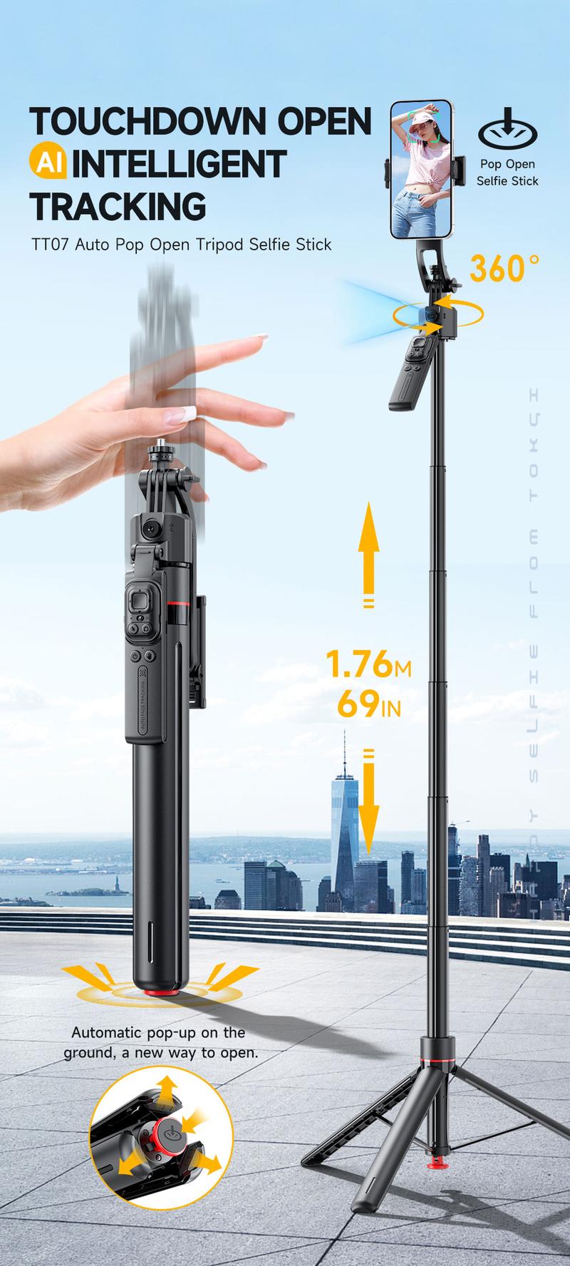 Auto Face Selfie Stick 360° Rotatable Tripod for iPhone One Click Pop Up Gesture Control Handheld Stabilizer Detachable Phone Holder Multifunctional Remote Control 68.9 inches Smartphone Camera Accessories