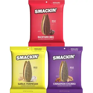 SMACKIN’ Sunflower Seeds 3-Flavor Variety Pack – 4oz Bags Backyard BBQ Cinnamon Churro OG Original Snack