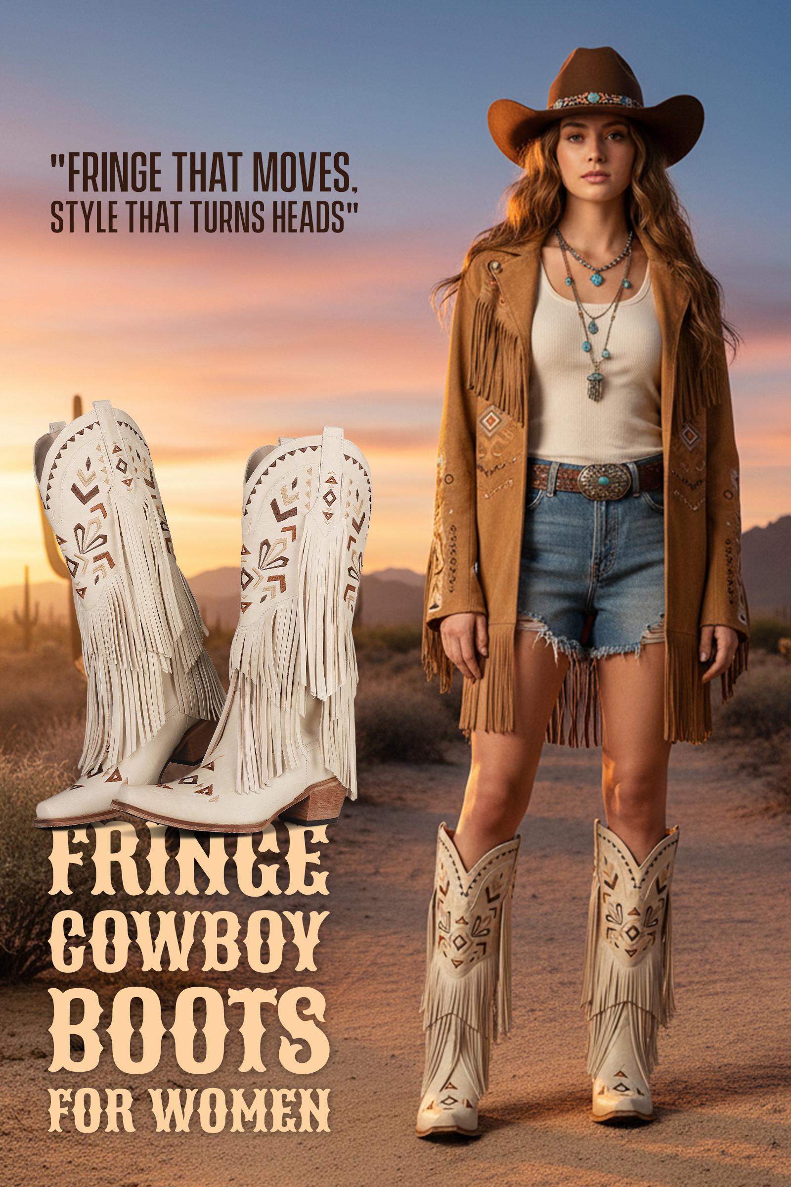 CELNEPHO Women Cowboy Boots Western Fringe Pointed Toe Classic Tassel Embroidered Chunky Block Heel Retro Easy Pull on Mid Calf Boots Gifts Spring Festival Dress Shoes