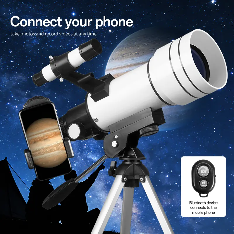High-definition zoom telescope with a 70mm aperture, 400mm focal length, and 200x magnification. Includes two eyepieces, two boresighting lenses, a finder scope, a lunar filter, and a smartphone mount. Ideal for outdoor nature observation.