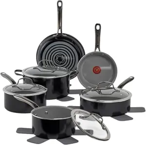 T-fal Preserve Ceramic, Non stick Cookware Set 13-Piece, Oven & Broiler Safe up to 350°F, Includes Stockpot, Saucepans, Frying Pans, Protectors, Pots and Pans, Black
