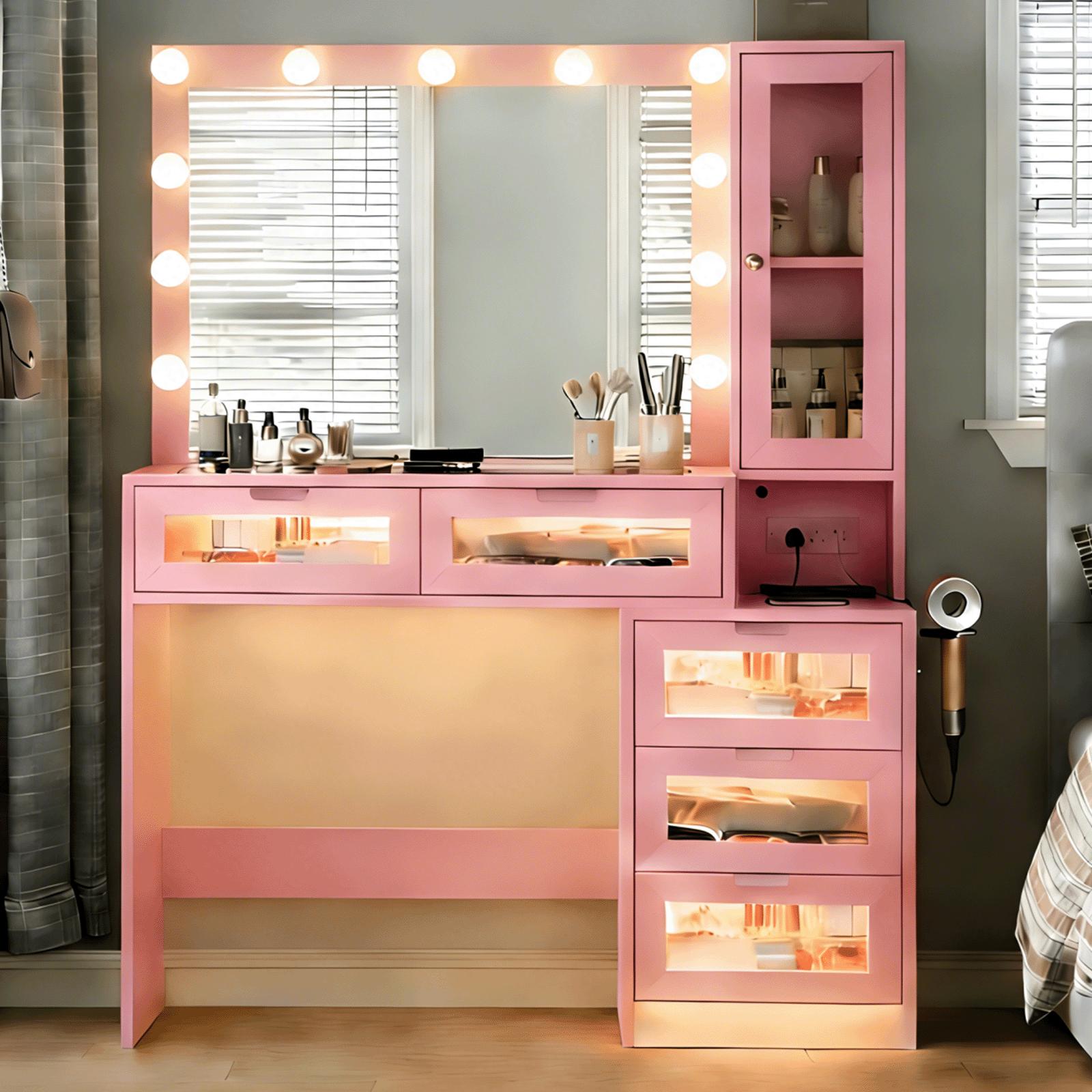 CollaredEagle Lighted Vanity Table - Modern LED Dresser, 11 LED Lights with 3 Adjustable Modes, 5 Transparent Glass Drawers, Glass Countertops, Power Outlets Equipped Makeup Vanity CollaredEagle Lighted Vanity Table - Modern LED Dresser, 11 LED Lights with 3 Adjustable Modes, 5 Transparent Glass Drawers, Glass Countertops, Power Outlets Equipped Makeup Vanity