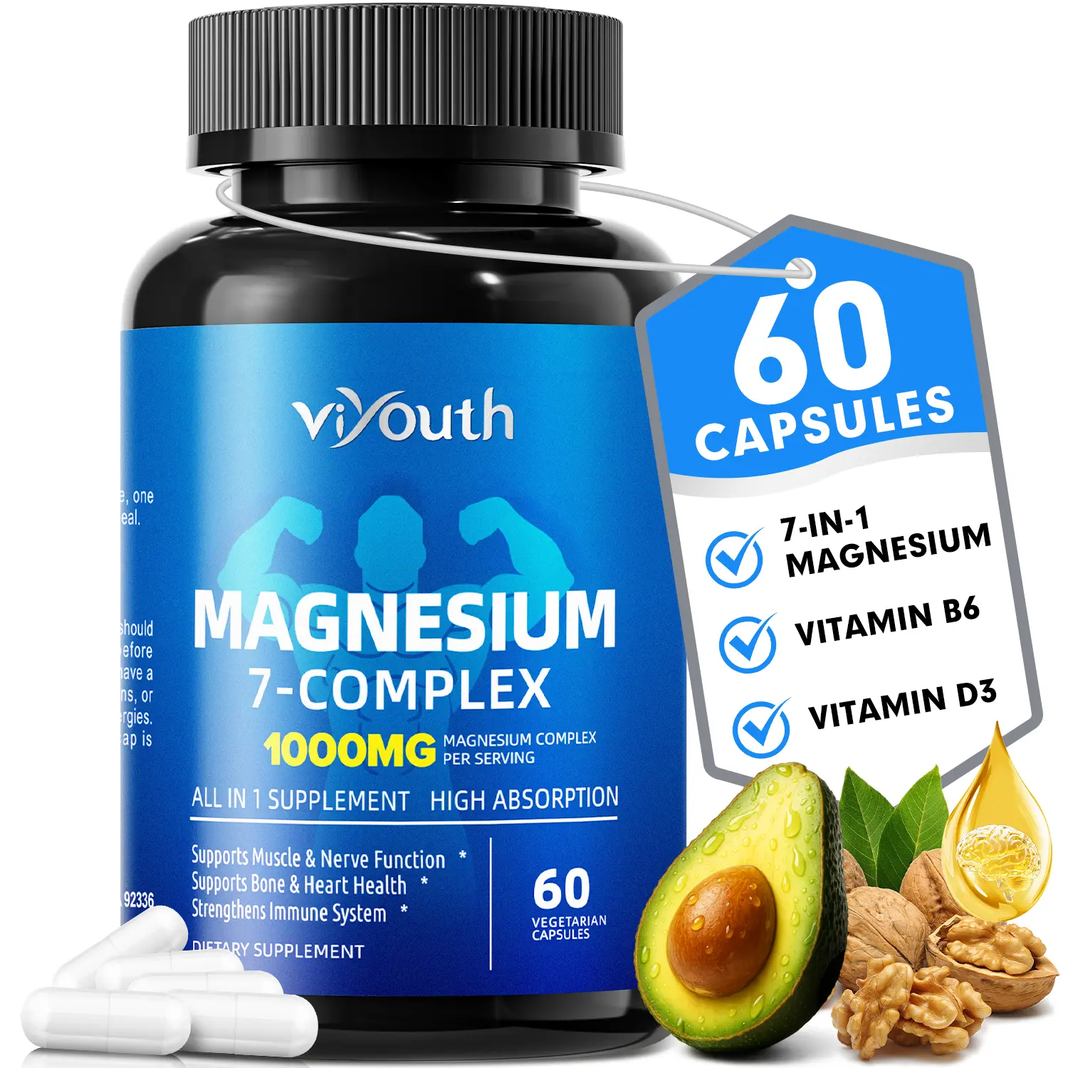 ViYouth 7-in-1 Magnesium Complex 1000mg Supplement - Glycinate, Citrate, Malate, Aspartate, High Absorption, Sugar-Free, Third-Party Tested, Fitness Support for Muscle Boost, Bone Health, Heart, Sleep - 60 Capsules