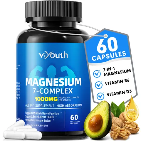 ViYouth 7-in-1 1000mg Magnesium Complex Dietary Supplement - Glycinate, Citrate, Malate, Aspartate, High Absorption, Sugar-Free, Gluten-Free, Third-Party Tested, Healthcare & Fitness Support, 60 Capsules