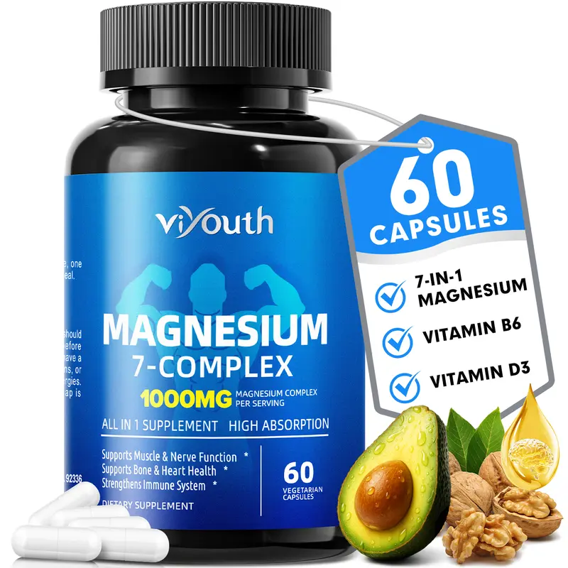 ViYouth 7-in-1 1000mg Magnesium Complex Dietary Supplement - Glycinate, Citrate, Malate, Aspartate, High Absorption, Sugar-Free, Gluten-Free, Third-Party Tested, Healthcare & Fitness Support, 60 Capsules