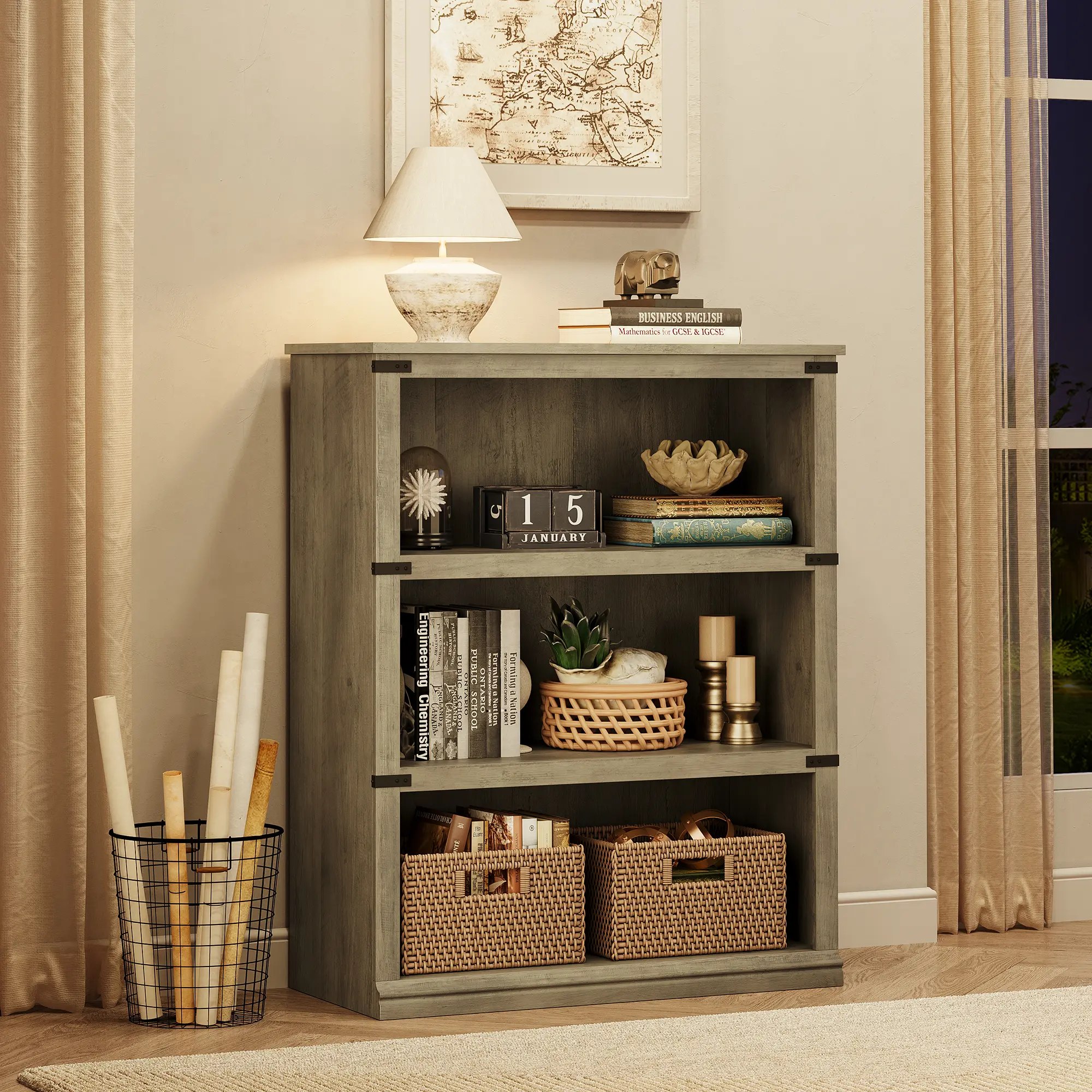 Farmhouse Low Bookcase - 43.3" Wide 3-Shelf Wooden Open Racks & Shelves, Sturdy Cabinets with Vertical Storage Solutions for Living Room, Home Office, Sturdy Cabinets, Racks & Shelves