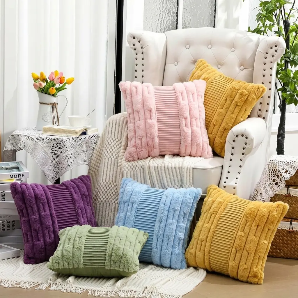2-Count 18x18 in Solid-Color Faux Fur Throw Pillow Covers - Stripes, 3D Striped Relief Design, Boho-Ready Look, Colored Buttery Squishy Cushion Covers Without Filler for Home Living Room Sofa Decor