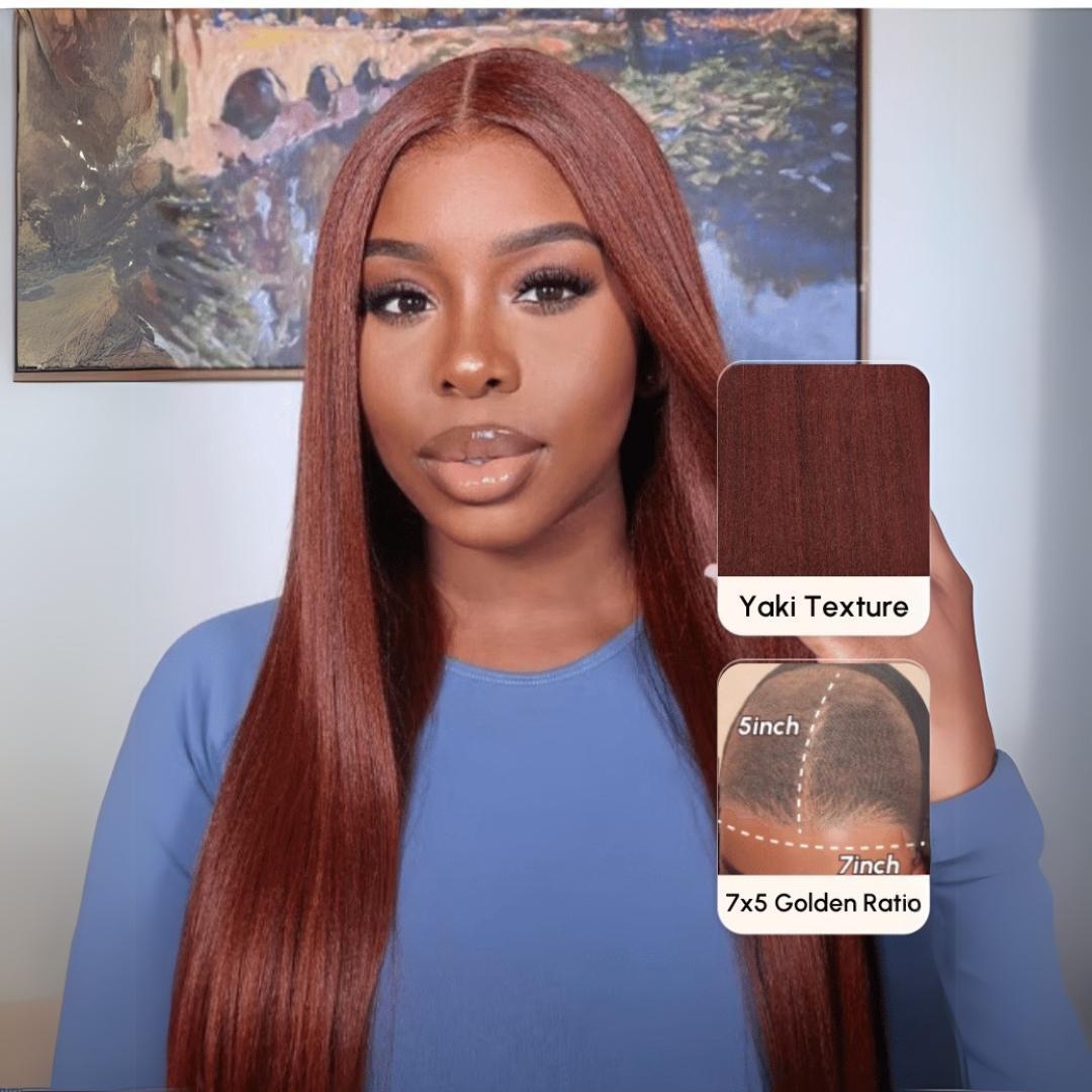 Unice Byebye Knots Reddish Brown Yaki Straight Bob Wig Pre-cut 7x5 HD Lace Human Hair Wig with Pre Plucked Hairline SpringStatements