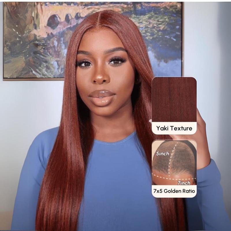 Unice Byebye Knots Reddish Brown Yaki Straight Bob Wig Pre-cut 7x5 HD Lace Human Hair Wig with Pre Plucked Hairline