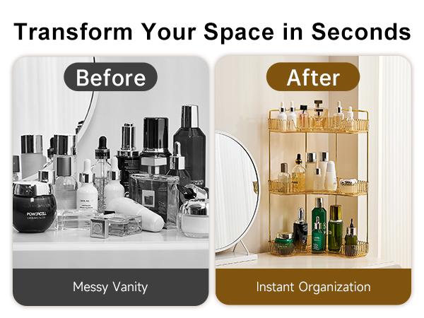 UFORU 3 Tiers Corner Bathroom Counter Organizer, Clear Countertop Shelf Storage Rack, Cosmetic Perfume Tray Standing Holder with Gold Metal Pole, Skincare Sink Organizer for Vanity Kitchen Transparent Smooth