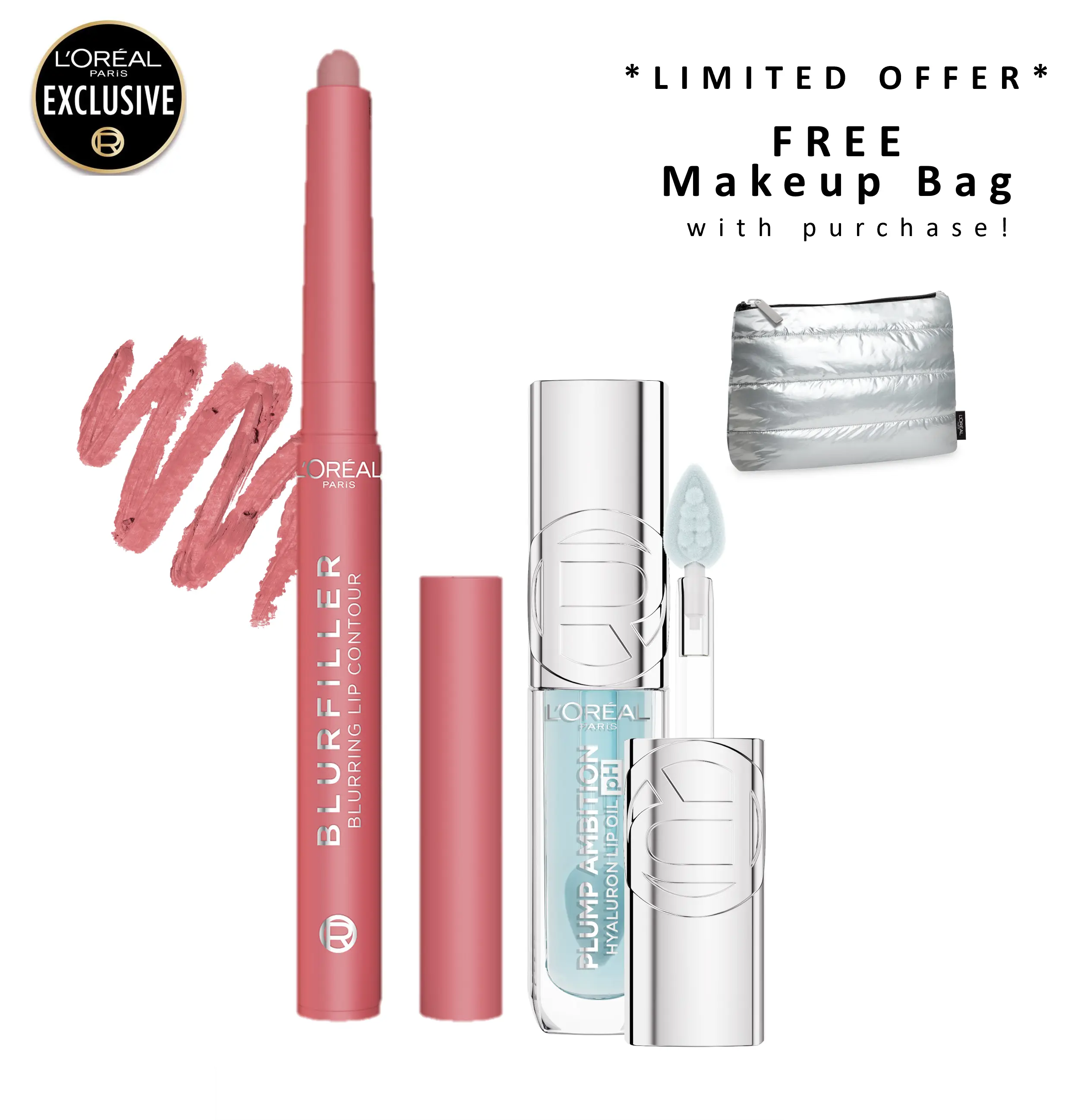 Blurfiller Blurring Lip Contour + Plump Ambition pH Hyaluron Lip Oil Duo, Pretty Girl Bundle, L'Oreal Paris Blurfiller Blurring Lip Contour + Plump Ambition pH Hyaluron Lip Oil Duo, Pretty Girl Bundle, L'Oreal Paris