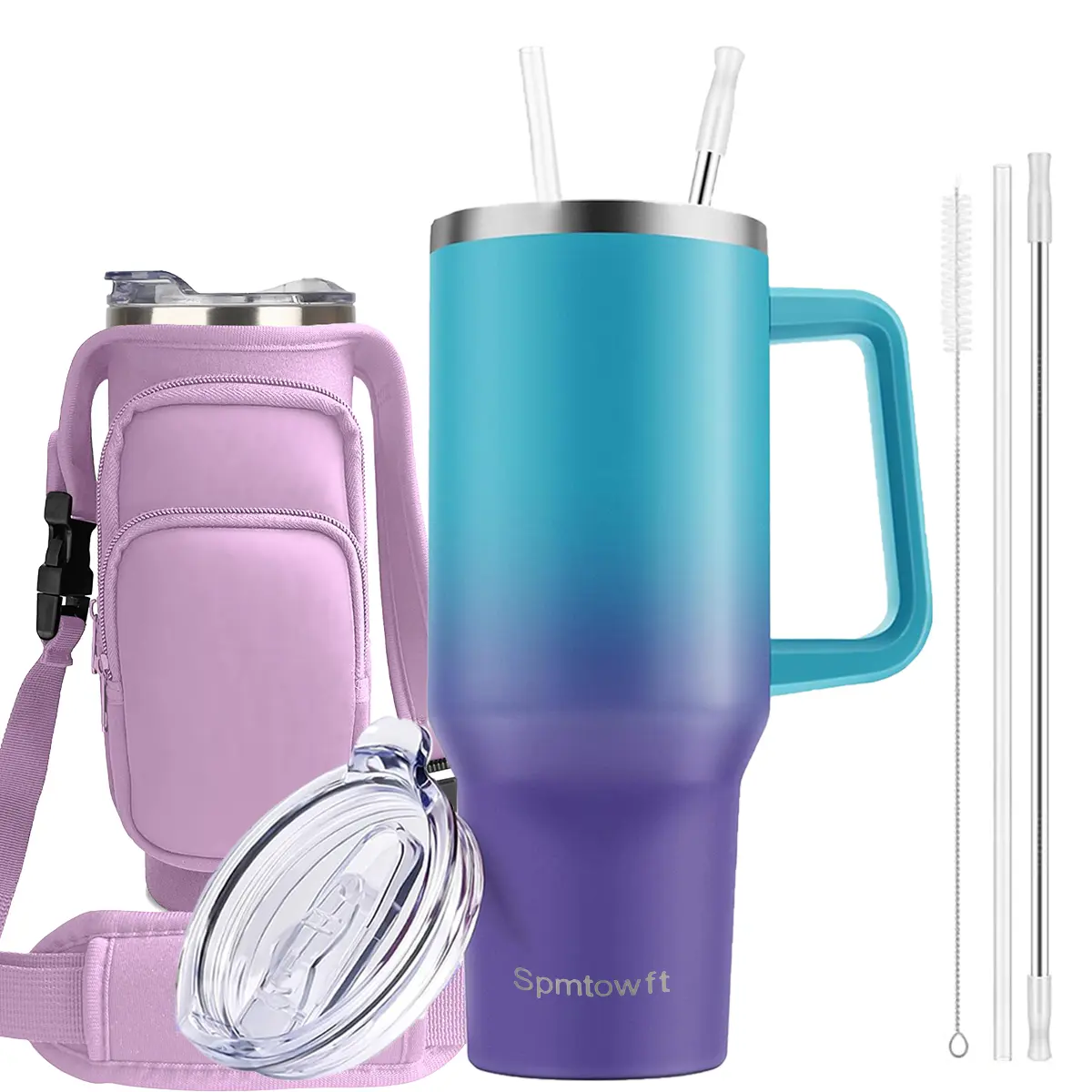 40oz Insulated Stainless Steel Flask Bottle with Sturdy Silicone Handle, Leakproof Lid, Straw, Casual Crossbody Carrier Bag, Secure Grip, Portable Drinkware for Travel, Office, Blue Purple Gradient