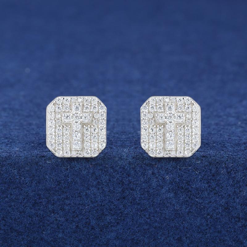 【##E523】UCCIYO Square Cross Stud Earrings Synthetic Moissanite Earrings Women's Style 925 Sterling Silver Studs Men's Hip-Hop Jewelry Perfect for Birthdays, Halloween Gifts, Wedding Sets for Both Genders