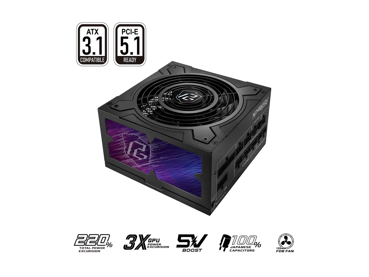 ASRock Phantom Gaming PG-1000G 1000W 80 PLUS GOLD & Cybenetics GOLD Full Modular Power Supply, ATX3.1 & PCIe5.1 Ready with Dual Color 12V-2x6 Cable, 10 Years Warranty