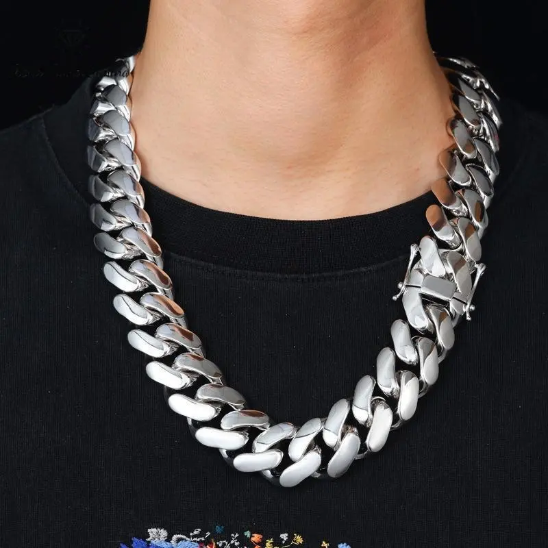 18K White Gold Vacuum Plated Stainless Steel Chain & Copper Deployment Clasp Miami Cuban Link Chain Italy Mexico & Micro Inspired Unisex Hip Hop 12-22mm Necklace for Men & Women Jewelry,Daily Wear,Casual Fashion,Gift,Chicano Style,Weighty,S
