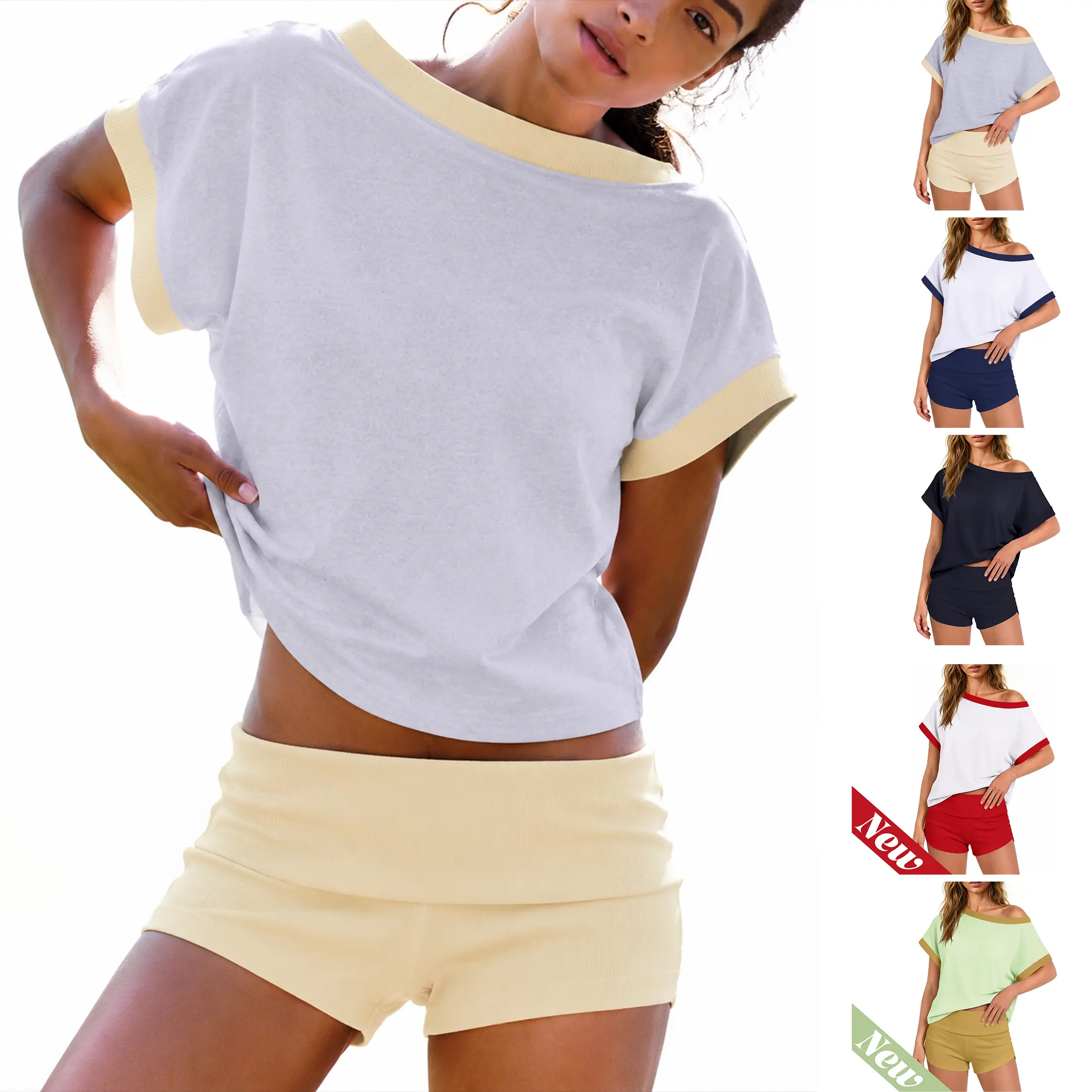 Wandal Women’s 2-Piece Off-Shoulder Cotton Lounge Set - Oversize Loose-Fit Tee + Shorts, Contrast Trim, Ribbed Shorts, Cold Wash Summer Casual Workout Outfit